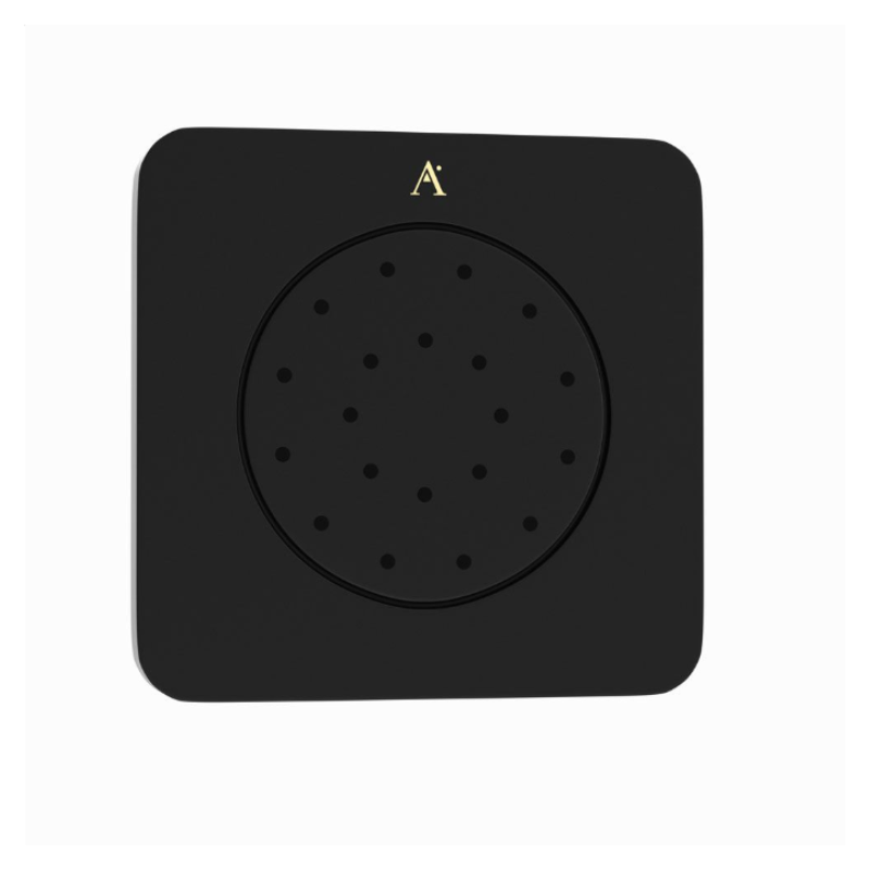 A Black Matt Square Bodytile showing a round centre with multiple individual spray holes. There is also the logo for the brand Artize at the top in the centre.