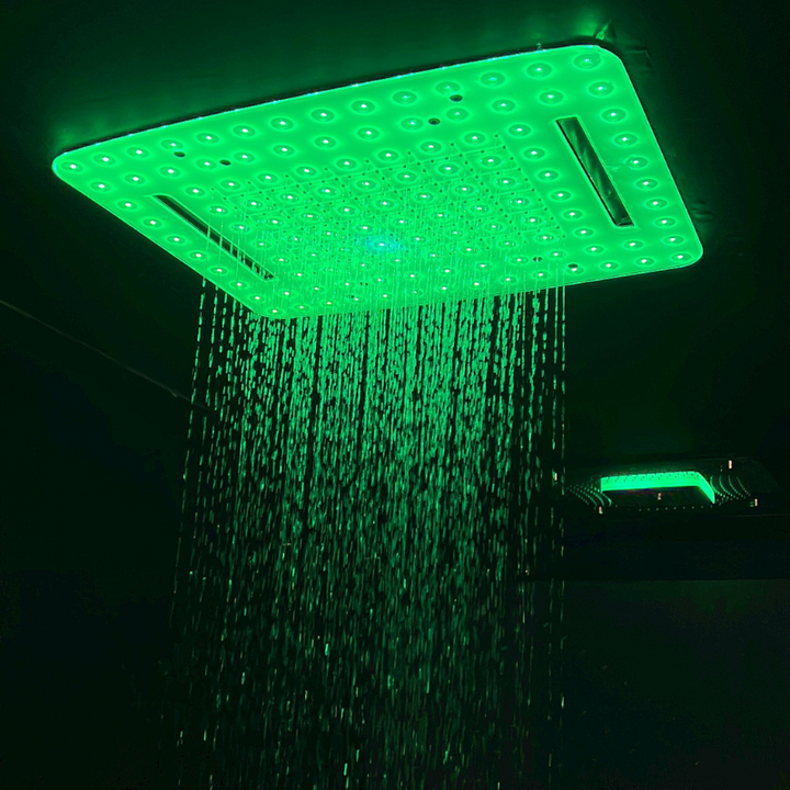 Rainjoy Lumos Rainfall Shower Head Green Lighting 600x472mm