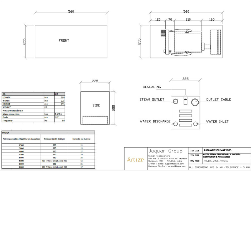 Artize Steam Power Generator - 6KW - A photo showing a drawing of the product. Showing the dimension of the length and width of the product. 