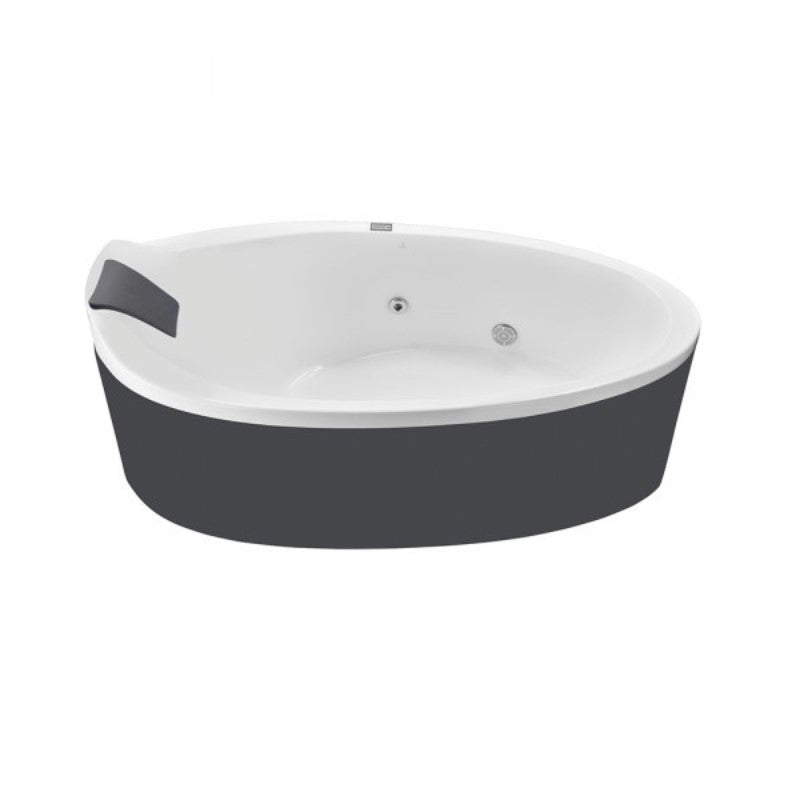 Artize Tiarra Built-In Oxypool. The photo shows the top and side elevation of the Oxypool. The outside of the tub is a dark grey and the inside is white. You can see the Grey head rest on the left hand side along with a couple of the jets on the inside of the tub.