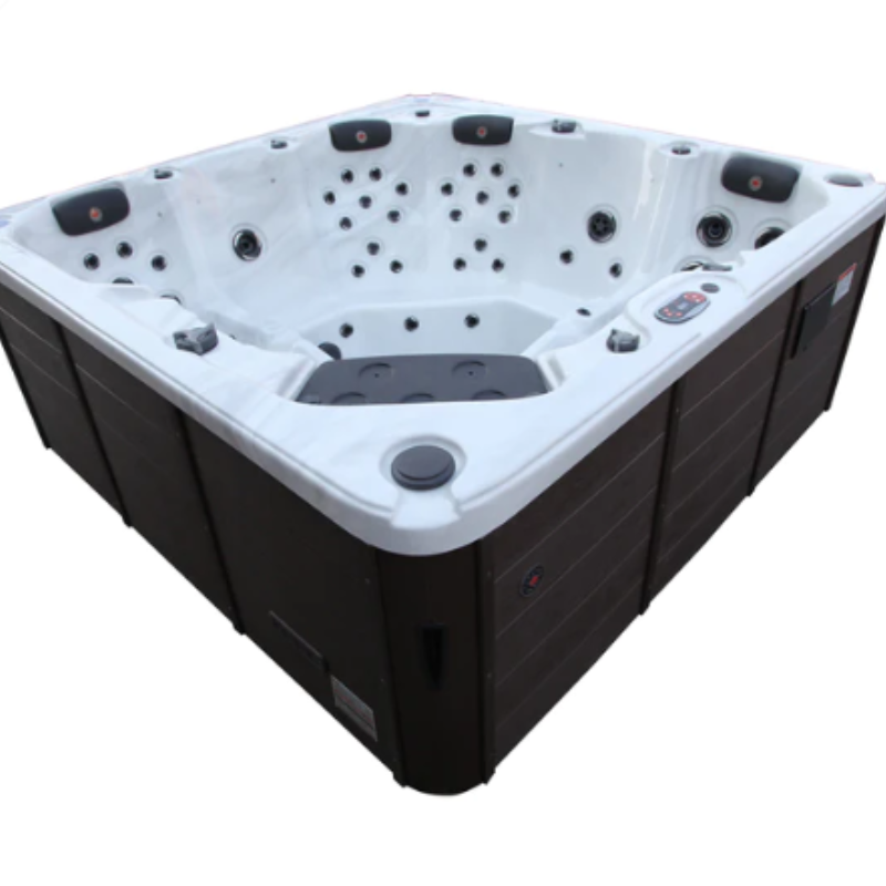 A slight side view of the Vancouver 65-Jet 6-Person Hot Tub that has not been filled with water. 